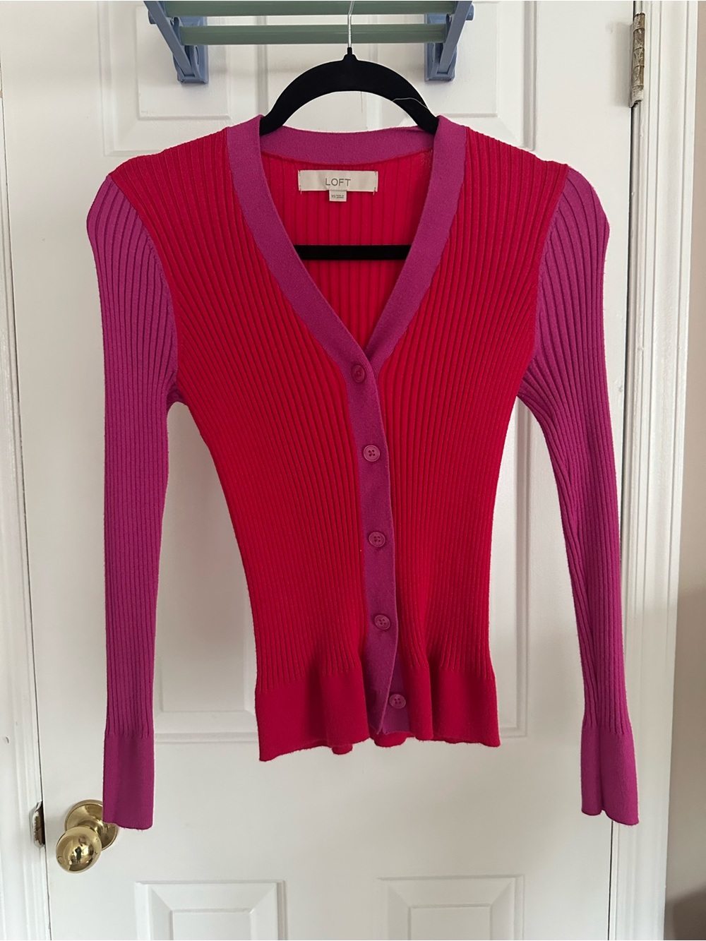 LOFT Two-Tone Ribbed Button Cardigan - Hot Pink & Magenta